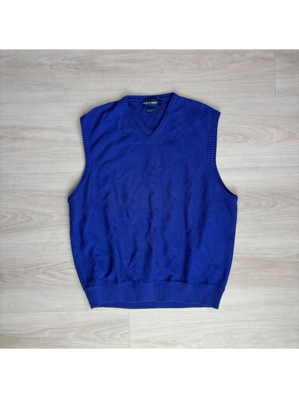 Polo Golf Ralph Lauren Mens XL Blue Argyle Cotton Silk V Neck Sweater Vest